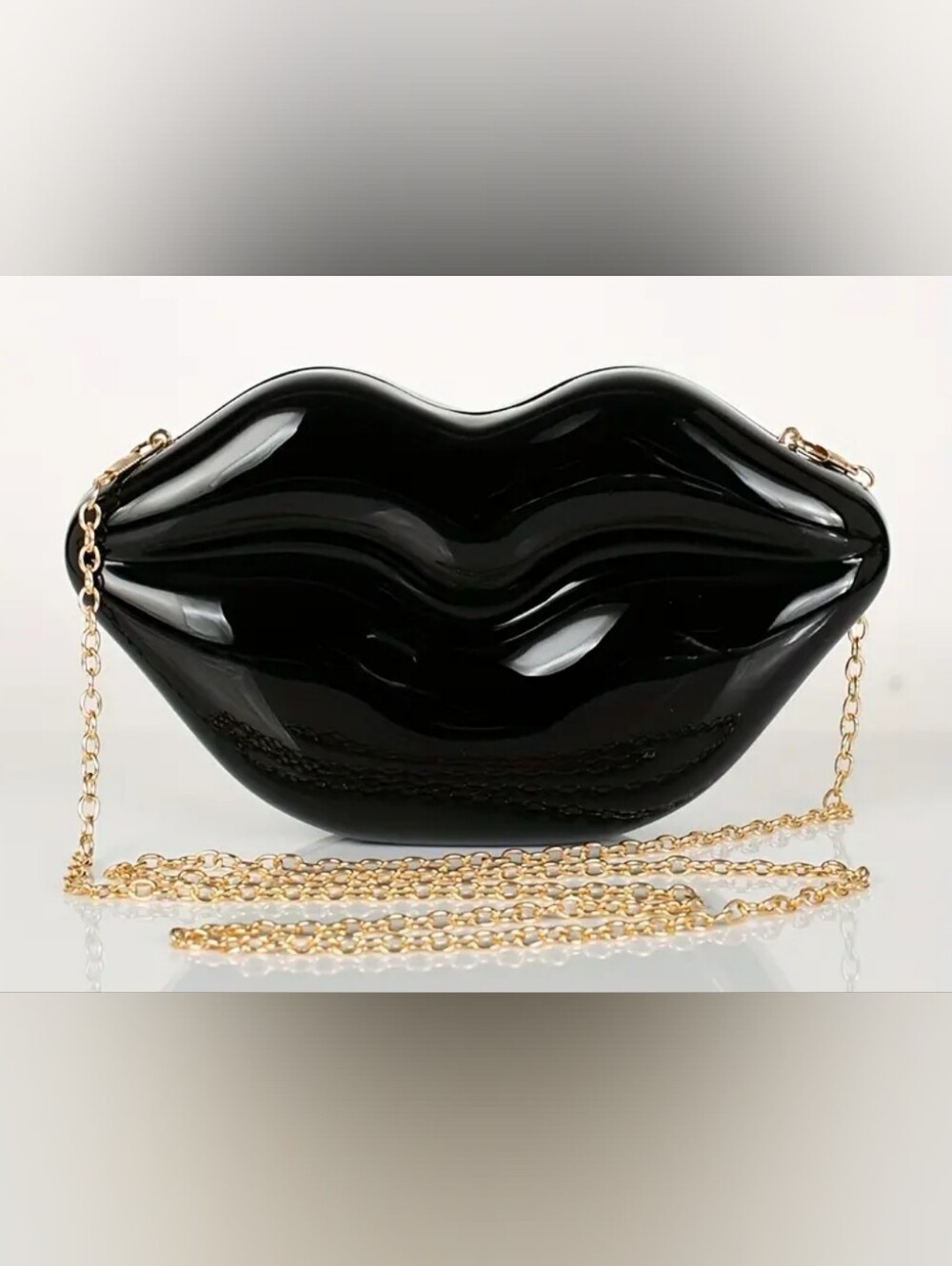 Black Lip-Shaped Evening Crossbody Bag with Gold Chain